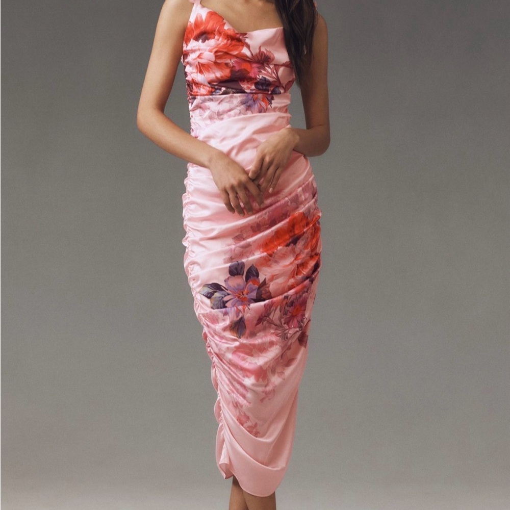 Anthropologie Pink Floral Ruched Midi Dress